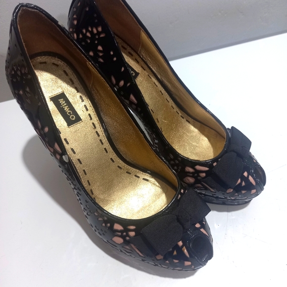 Mimco Shoes - Mimco platform peeptoe heels with patent leather lace look.